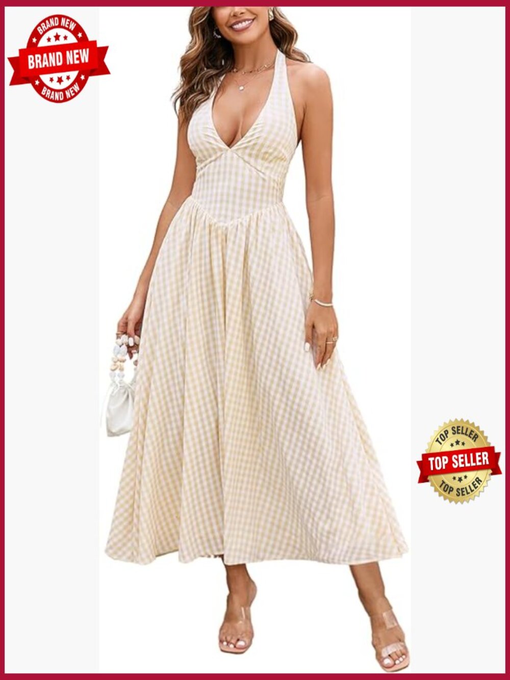 Gingham Halter V Neck Midi Dress Corset Smocked Sundress